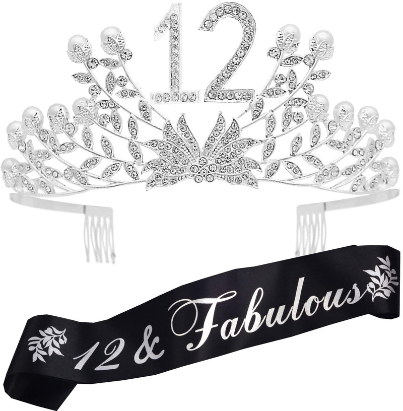 Girls 12th Birthday Sash and Tiara - Fabulous Glitter Sash + Botanic