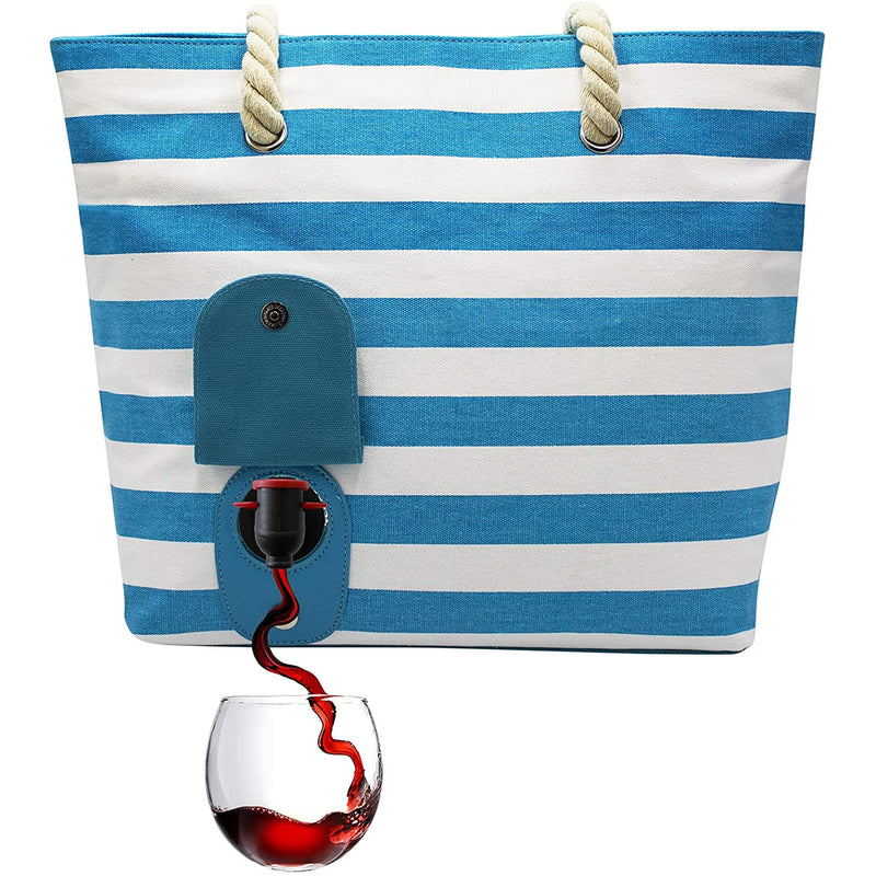 Beach Bag Blue Striped Canvas Bag With Hidden Insulated