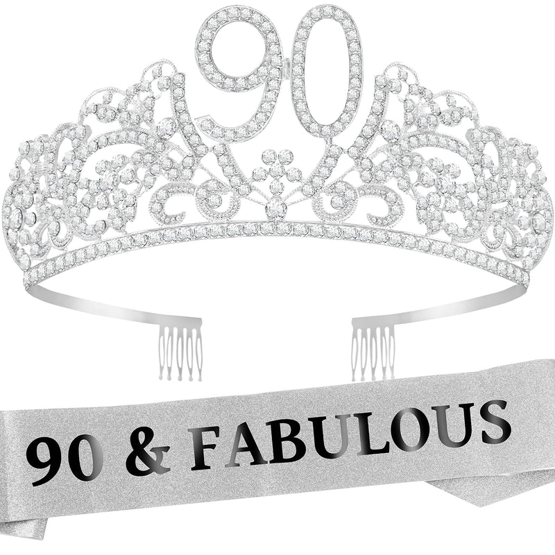 90th Birthday Sash and Tiara for Women - Fabulous Glitter Sash + Flowers