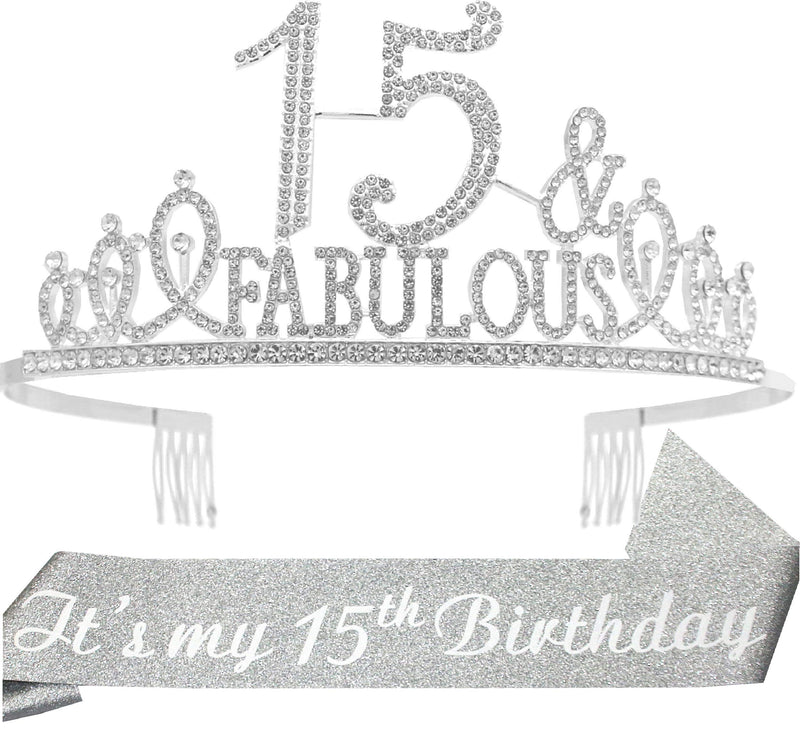 Girls 15th Birthday Sash and Tiara - Fabulous Set: Glitter Sash + Fabulous