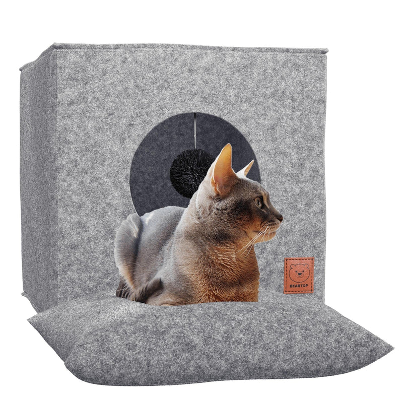 Cat cave including cushion, play ball, fits on many shelves such as