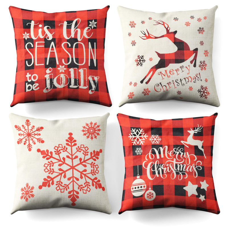 Pack of 4 Christmas Zippered Pillow Cases, 18x18 Square Cushion Covers for Couch