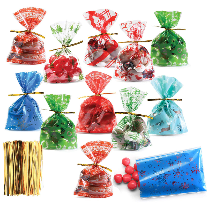 Christmas Cellophane Bags with Gold Ribbons (Pack of 200) - Bulk Pack of 200