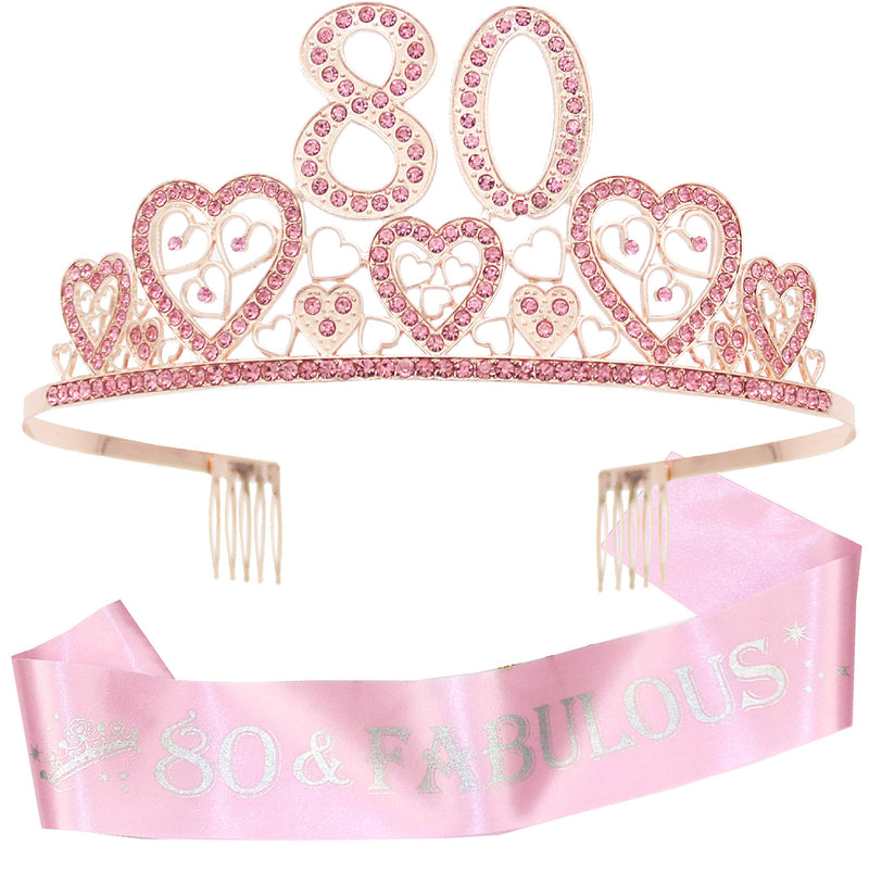 80th Birthday Sash and Tiara for Women - Fabulous Glitter Sash + Hearts