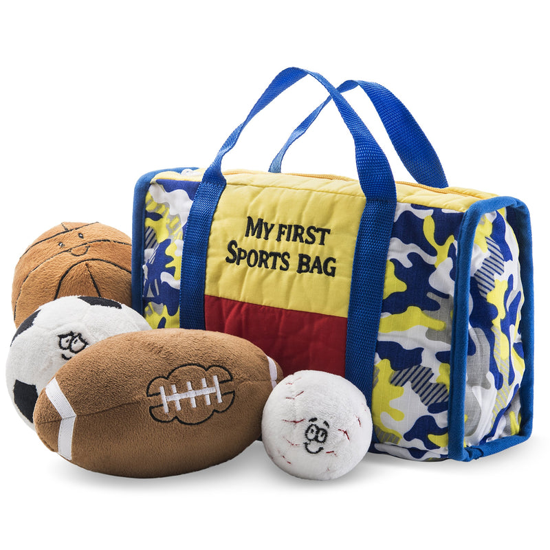 My first gym bag playset with stuffed plush basketball, baseball, football