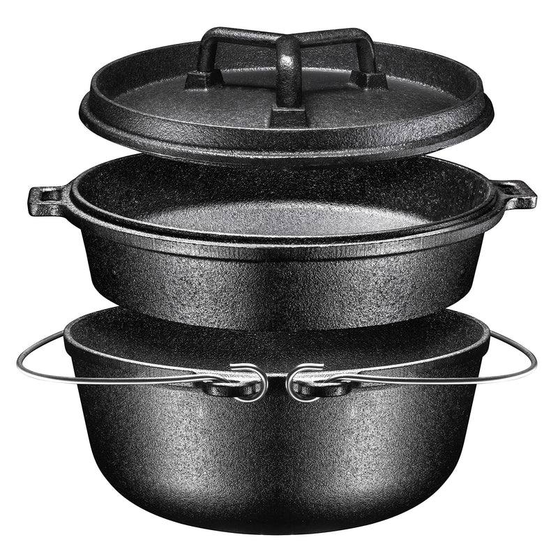 Camping cooking set with 7 pre-seasoned cast iron pots and pans for the Dutch oven