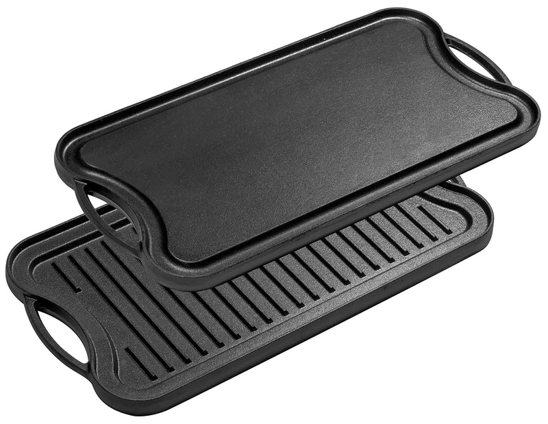 2 in 1 cast iron skillet, rectangular frying pan with reversible grill pan