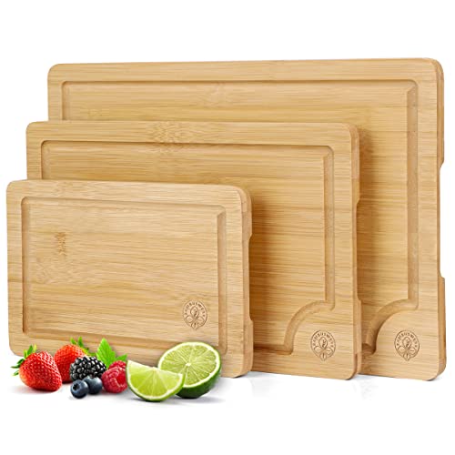 THINGLES BAMBOOWERK I CUTTING BOARD (SET OF 3) WOOD WITH JUICE GROOVE UP TO 38X25X1.5 CM | EXTRA SOLID BAMBOO WOOD CUTTING BOARD - STURDY KITCHEN BOARD