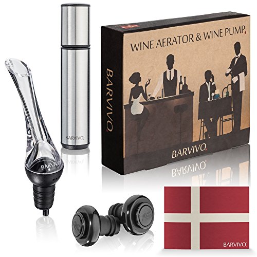 BARVIVO WINE AERATOR AND WINE PUMP INCLUDING TWO VACUUM WINE STOPPERS. STAINLESS STEEL VACUUM PUMP / WINE BOTTLE CLOSURE. AERATE WINE