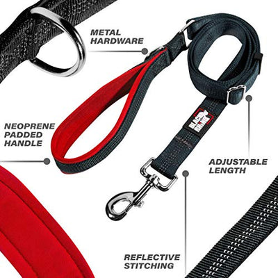 BLACK RHINO DOG LEAD ADJUSTABLE LENGTH (3-5 FEET) WITH SOFT NEOPRENE PADDED HANDLE