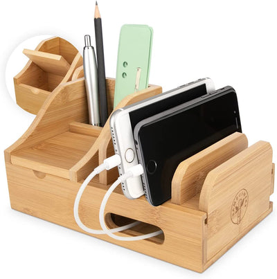 Bamboo Work I Desk Organizer Made of Wood with Charging Station Cable Box