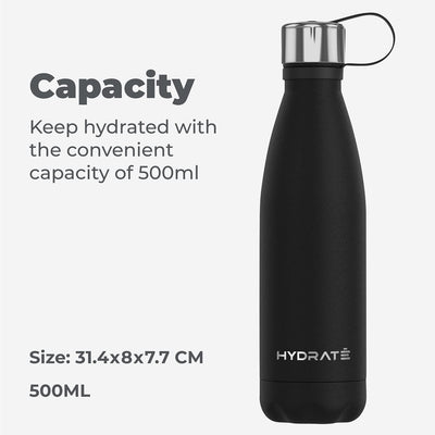 HYDRATE SUPER INSULATED STAINLESS STEEL WATER BOTTLE - 500ML - CARBON BLACK - BPA FREE