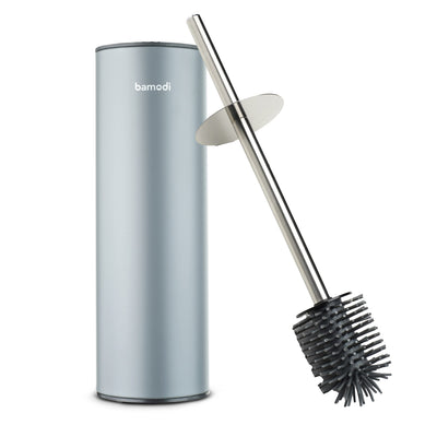 Toilet brush and container made of stainless steel with splash guard. Silver-colored toilet brush