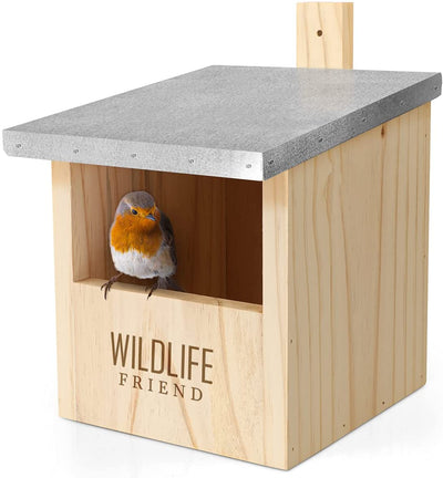 WILDLIFE FRIEND I NEST BOX ROBIN & CO WITH METAL ROOF ACCORDING TO NABU MADE OF SOLID WOOD FOR - 100% WEATHERPROOF - HALF CAVE FOR GARDEN REDSTAR