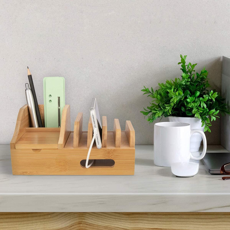 Bamboo Work I Desk Organizer Made of Wood with Charging Station Cable Box