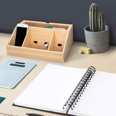 Bamboo Work I Desk Organizer Made of Wood with Charging Station Cable Box