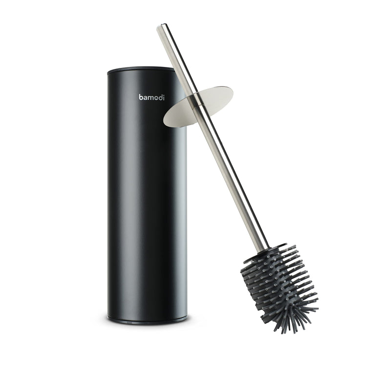 Toilet brush and container made of stainless steel with splash guard. Silver-colored toilet brush