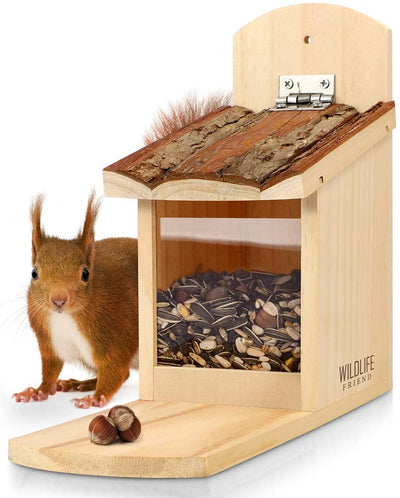 WILDLIFE FRIEND I SQUIRREL FEEDER STURDY MADE OF SOLID WOOD WITH BARK ROOF - WEATHERPROOF