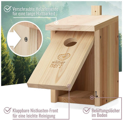 WILD ANIMAL HEART I LARGE NEST BOX FOR STARTAILS MADE OF SCREWED SOLID WOOD - NEST BOXES FOR BIRDS