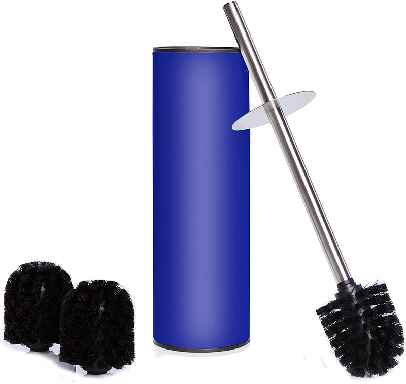 Stainless steel toilet brush and container with splash guard and 2 replacement brush heads