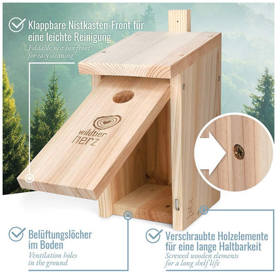 WILD ANIMAL HEART | NATURAL NEST BOX FOR BLUE TITS & SMALL TIT SPECIES MADE OF SOLID WOOD - SCREWED