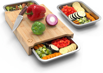 Bamboo Cutting Board Set With 3 Extra Large Bamboo Drip Trays