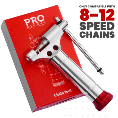 Universal chain tensioner with replacement rivet pin, compatible with 812-speed chains