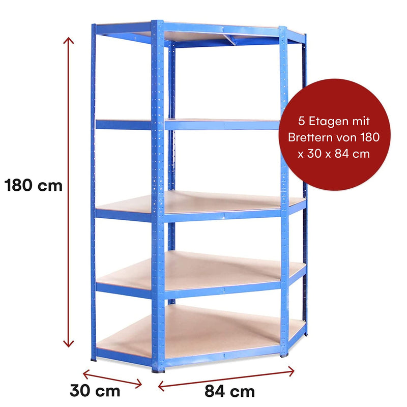 Grack Garage Corner Shelving Unit 180 x 90 x 90 x 30 x 84 cm Single Shelf Blue Pack of 5