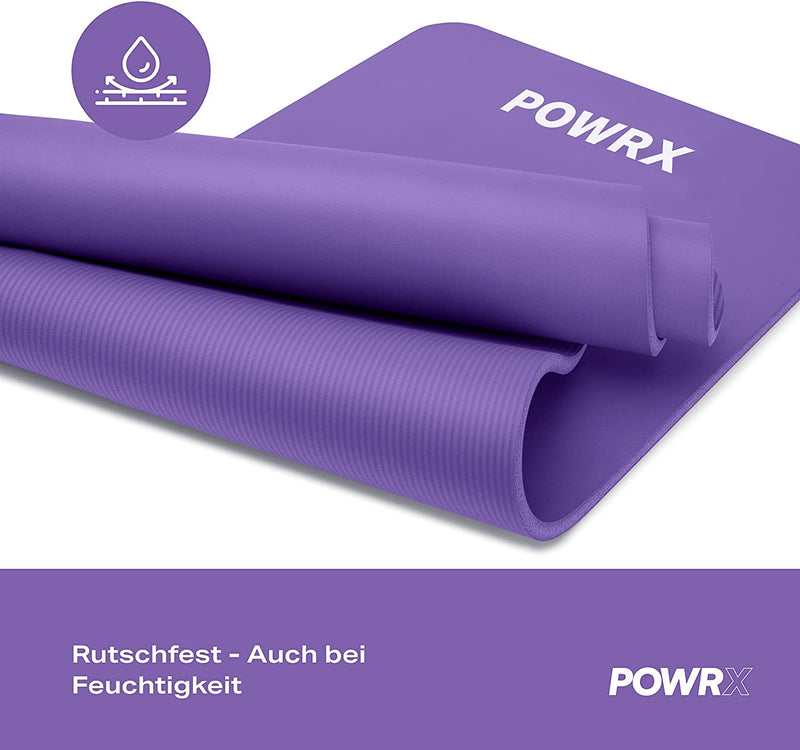 POWRX GYM MAT YOGA MAT (PURPLE 183 X 60 X 1 CM) PREMIUM INCL. CARRYING STRAP &amp; BAG AND EXERCISE POSTER I SPORTS MAT PHTHALATE FREE