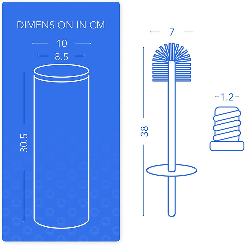 Stainless steel toilet brush and container with splash guard and 2 replacement brush heads