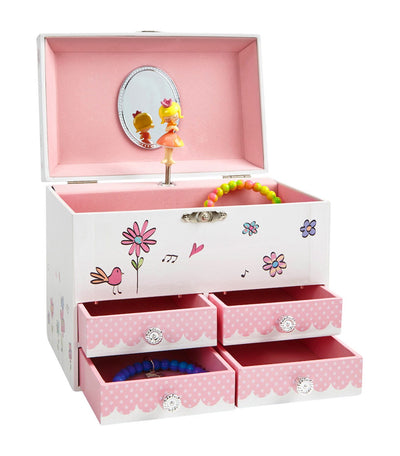 Birds and Flowers Large Music Box Jewelery Box with 4 Pull-Out Compartments