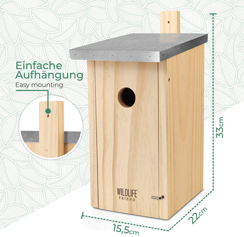 WILDLIFE FRIEND I NEST BOX WITH METAL ROOF ACCORDING TO NABU MADE OF SOLID WOOD FOR CHARCOAL TITS & CO. - WEATHERPROOF