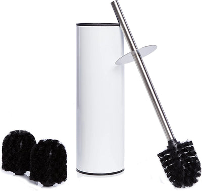 Stainless steel toilet brush and container with splash guard and 2 replacement brush heads