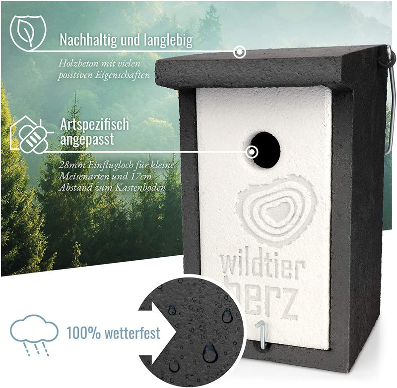 WILD ANIMAL HEART I WOOD CONCRETE NEST BOX FOR BLUE TITS &amp; CO. – WEATHERPROOF NEST CAVITY WITH 28 MM ENTRY HOLE