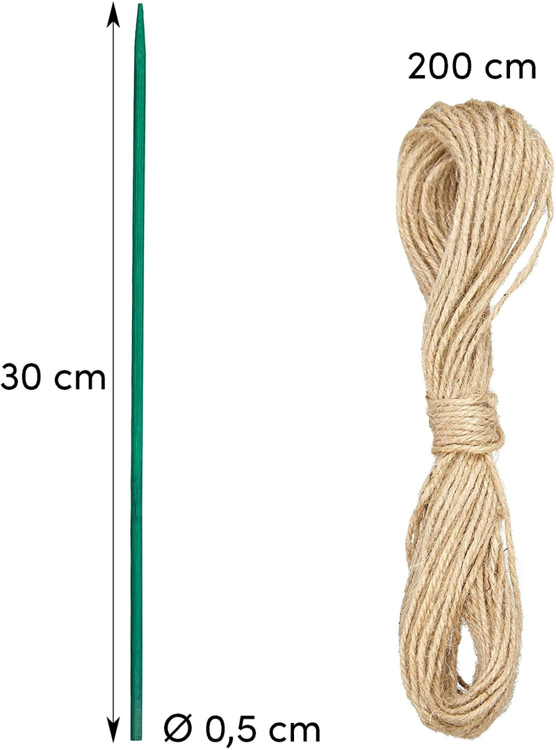 Plant tie green 20m jute cord and 40 bamboo sticks in a set as natural