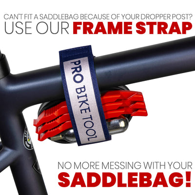 Frame strap for tube and tool transport for mountain bikes, racing bikes