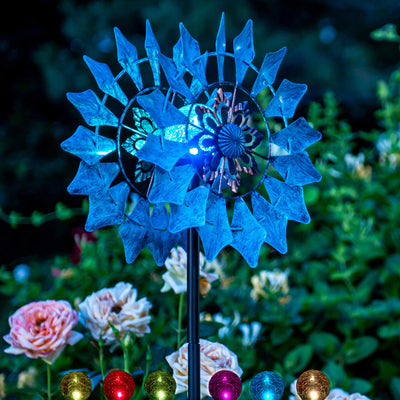 Solar Metal Pinwheel Azure Blue With LED Light Wind Chime For Outdoor Lighter