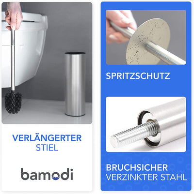 Stainless steel toilet brush and container with splash guard and 2 replacement brush heads