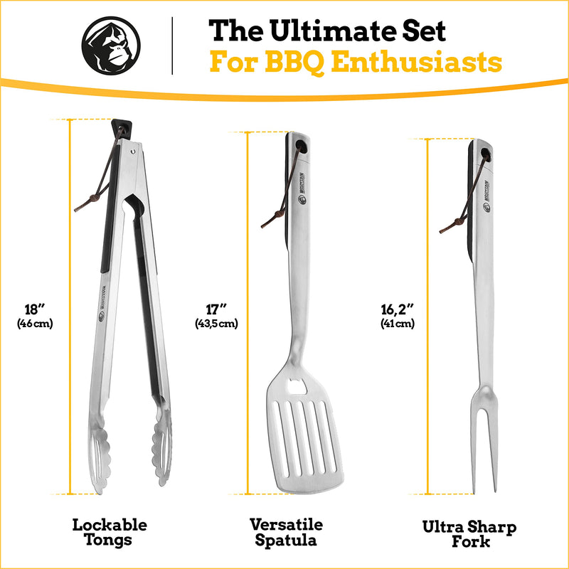 MOUNTAIN GRILLERS GRILL ACCESSORIES SET 3-PACK DURABLE STAINLESS STEEL GRILL CUTLERY SET WITH TONGS