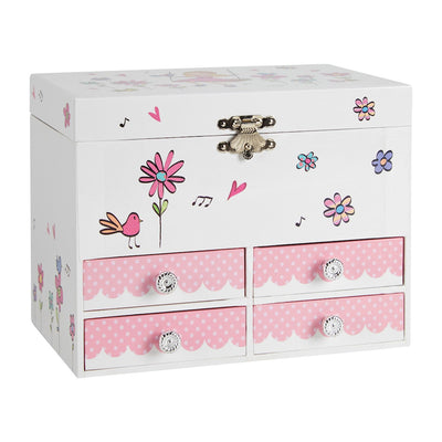 Birds and Flowers Large Music Box Jewelery Box with 4 Pull-Out Compartments