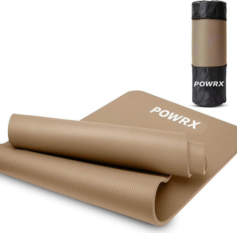 POWRX GYM MAT YOGA MAT (BROWN 183 X 60 X 1 CM) PREMIUM INCL. CARRYING STRAP & BAG AND EXERCISE POSTER I SPORTS MAT PHTHALATE FREE