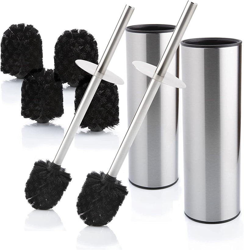 Stainless steel toilet brush and container with splash guard and 2 replacement brush heads