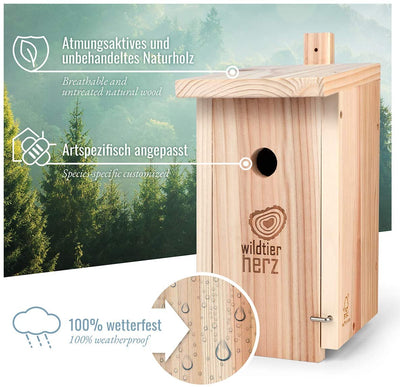 WILD ANIMAL HEART | NATURAL NEST BOX FOR BLUE TITS & SMALL TIT SPECIES MADE OF SOLID WOOD - SCREWED