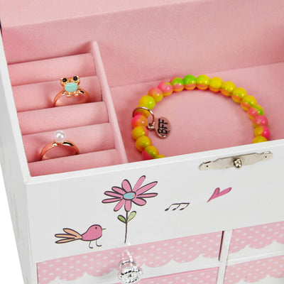 Birds and Flowers Large Music Box Jewelery Box with 4 Pull-Out Compartments