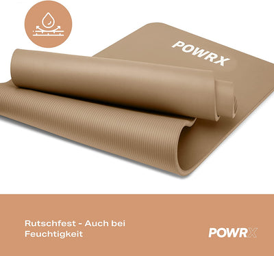 POWRX GYM MAT YOGA MAT (BROWN 183 X 60 X 1 CM) PREMIUM INCL. CARRYING STRAP & BAG AND EXERCISE POSTER I SPORTS MAT PHTHALATE FREE