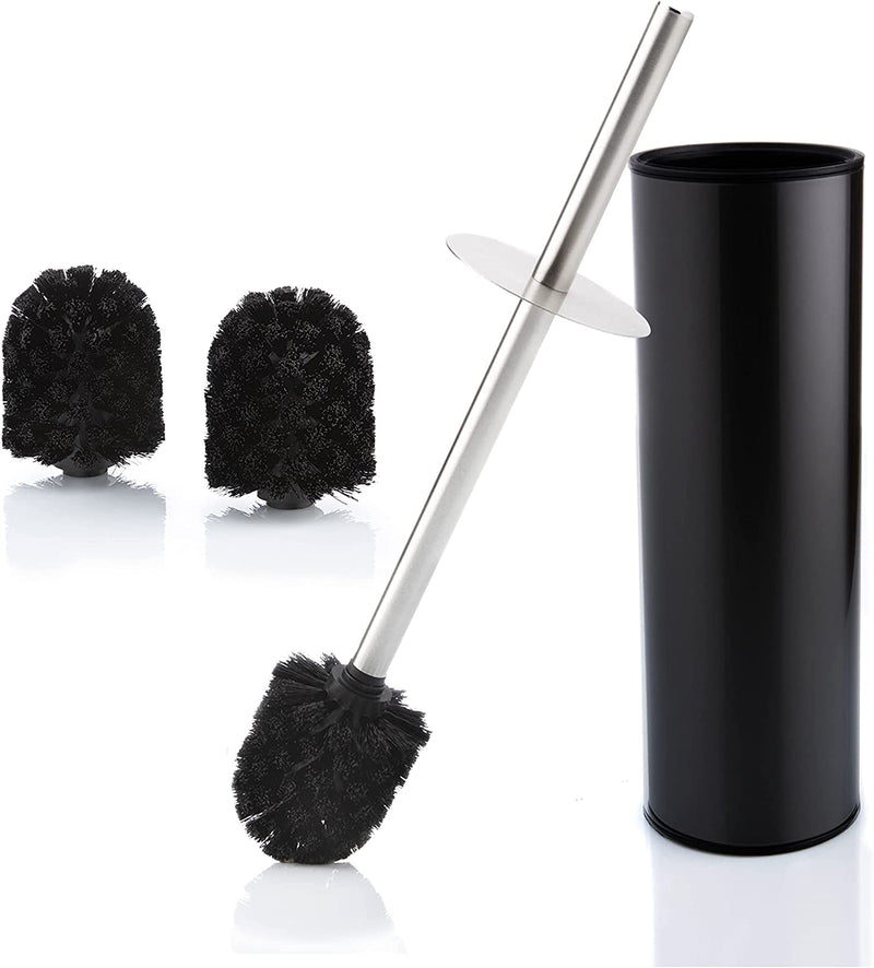 Stainless steel toilet brush and container with splash guard and 2 replacement brush heads