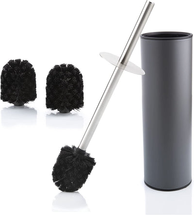 Stainless steel toilet brush and container with splash guard and 2 replacement brush heads