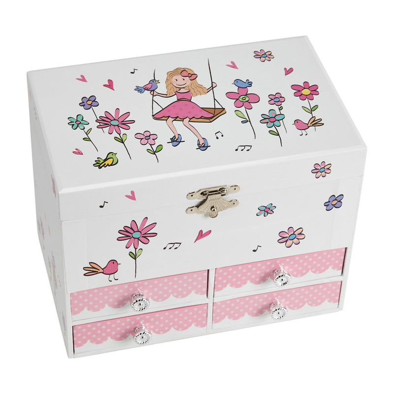 Birds and Flowers Large Music Box Jewelery Box with 4 Pull-Out Compartments