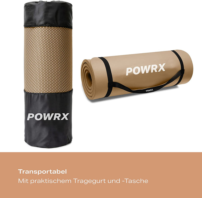 POWRX GYM MAT YOGA MAT (BROWN 183 X 60 X 1 CM) PREMIUM INCL. CARRYING STRAP & BAG AND EXERCISE POSTER I SPORTS MAT PHTHALATE FREE