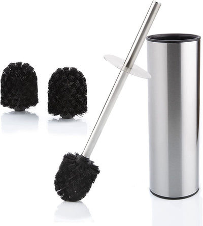 Stainless steel toilet brush and container with splash guard and 2 replacement brush heads